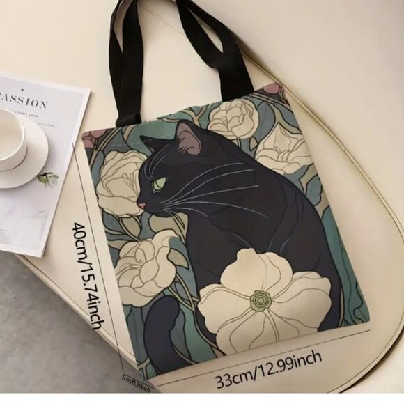 Cat and Camelias Reusable Shopping Tote Poly Canvas - Picture 4 of 4